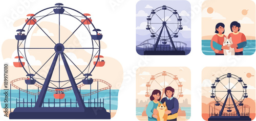 Amusement park scenes featuring Ferris wheels, roller coasters, and happy families with pets