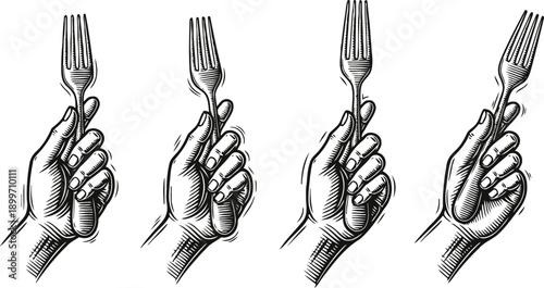 hand holding a fork in different grip positions vintage engraving culinary illustration set