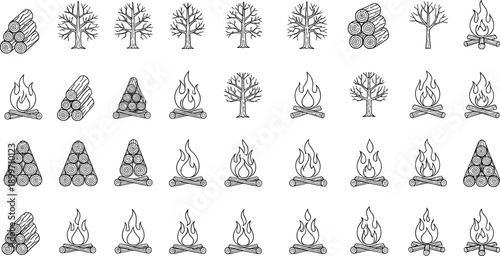 Set of Black Linear Campfire Icons with Firewood Stacks and Bare Winter Trees Minimalist Vector Illustration Isolated on White Background for Camping and Outdoor Design