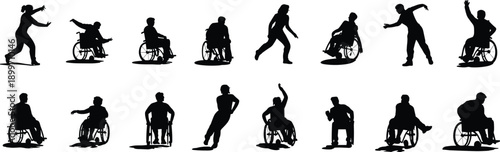 Wheelchair users silhouettes performing sports and dance moves, inclusive active lifestyle disability diversity vector illustration set collection