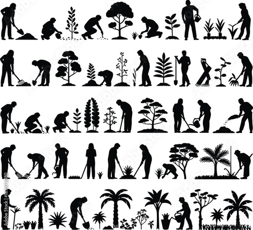 People silhouettes gardening planting trees and watering plants, sustainable agriculture eco lifestyle community garden vector illustration collection set
