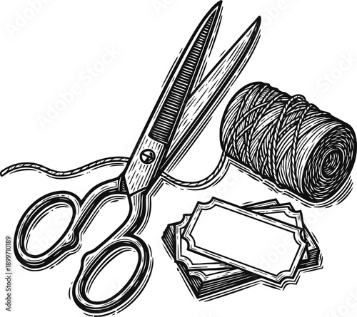 Vintage scissors with twine and blank labels for craft projects and packaging decoration