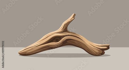 A single, light-brown, gnarled piece of driftwood rests on a flat surface
