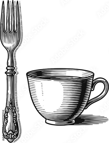 Vintage tea cup and ornate fork illustration classic kitchenware set with detailed antique