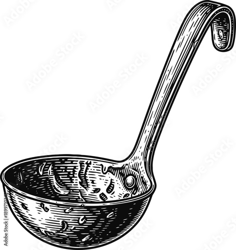 Vintage kitchen ladle with long handle and deep bowl for serving soups and stews