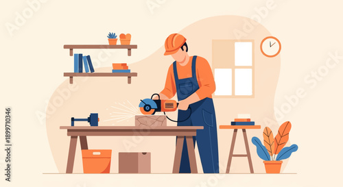 Carpenter with circular saw working on wood at workbench, studio interior