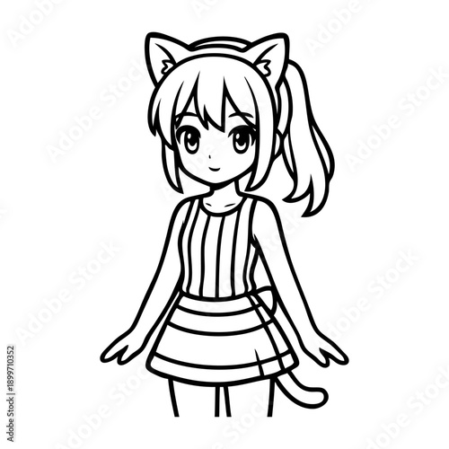 Dibujo sencillo con líneas estilo anime de una niña disfrazada con orejas y cola de gato para la fiesta de carnaval