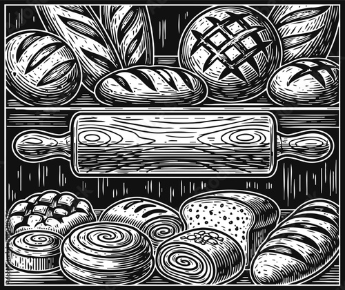 Assorted artisan breads and pastries with rolling pin traditional baking essentials in rustic