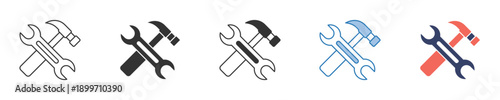 Essential wrench and hammer icons in various styles, symbolizing tools for repair, maintenance, and technical configuration settings for digital platforms