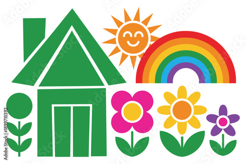 A colorful illustration of a house with flowers and a rainbow
