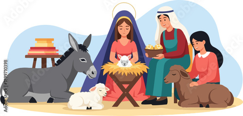 A stylized nativity scene with animals and a family celebrating the birth