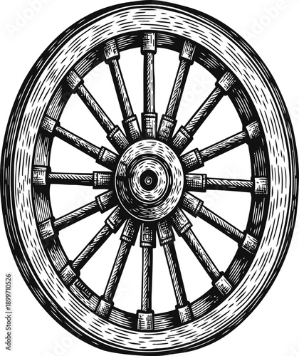 Vintage wooden wagon wheel with spokes and metal rim in black and white engraving