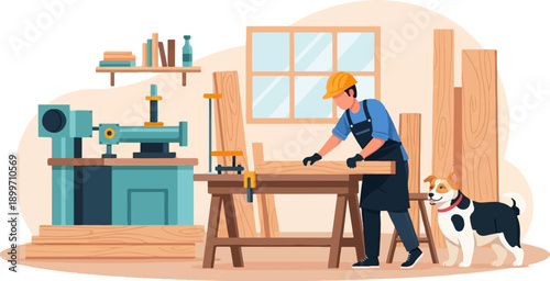 Carpenter working in workshop with dog and woodworking machinery