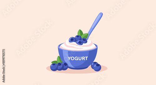 A pixel art bowl of creamy yogurt topped with fresh blueberries and a spoon
