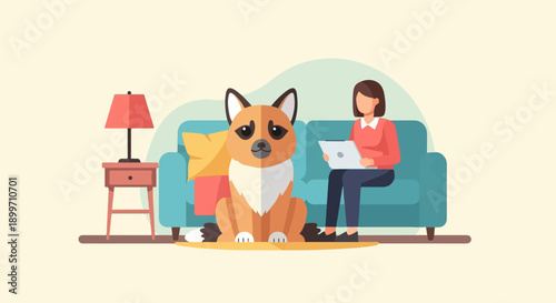 A woman sits on a couch with a dog and a tablet
