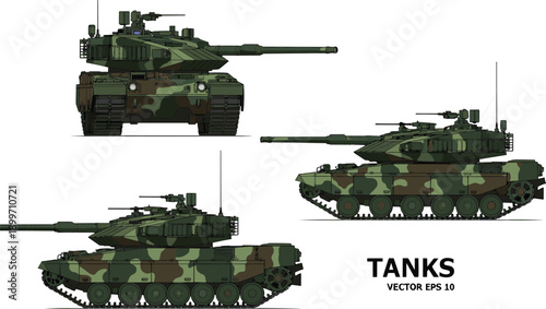Military Main Battle Tank Vector Illustration Featuring Camouflage Armor Set with Front and Side Views for Wargame Design Technical Schematics and Armed Forces Graphics