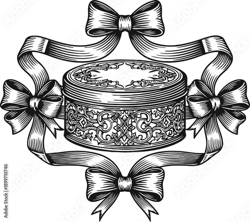 Ornate round jewelry box with decorative ribbon bows vintage detailed floral engraved container with elegant bows framing the design