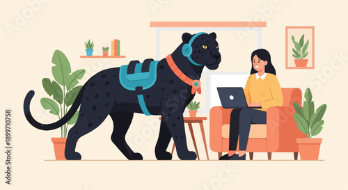 A woman sits on a couch using a laptop while a black panther wearing headphones stands nearby