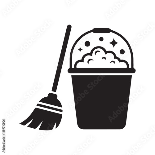 Cleaning service icon with broom and soapy water bucket silhouette vector illustration

