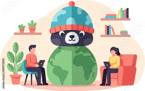 Cartoon bear on Earth, people using laptops indoors, potted plants, bookshelves