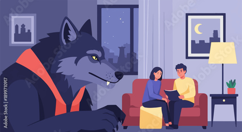 A werewolf looms over a couple reading a book in a dimly lit living room