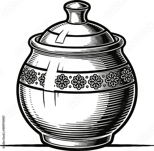 Decorative ceramic jar with lid and flower pattern vintage pottery vessel for storage or kitchen use