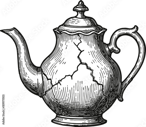 Vintage cracked teapot illustration old damaged ceramic or porcelain kettle with visible fractures
