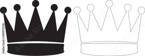 A black and white illustration of a crown with a band and six points, each topped with a circle, in both filled and outlined styles.