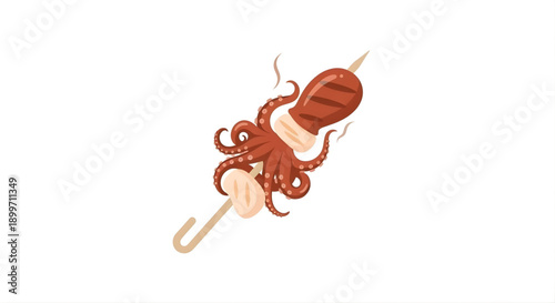 Delicious grilled octopus skewer with onions and garlic, perfect for a summer barbecue or outdoor feast