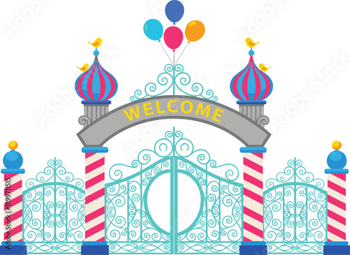 Cartoon Amusement Park Entrance Gate with Welcome Sign and Colorful Balloons in Flat Vector Style for Children Party Invitations and Festive Carnival Event Posters