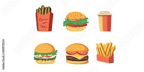 fast food meal set burger fries and drink vector illustration
