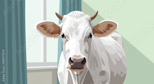 A close-up, stylized illustration of a white cow with brown ears, standing indoors