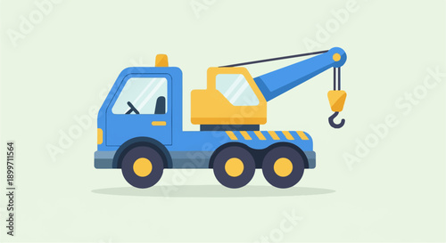 Cartoon blue tow truck with yellow crane and hook on light green background