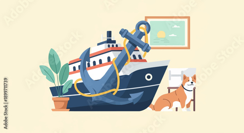 A stylized ship with a large anchor sits next to a potted plant and a dog