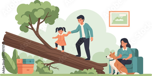 A family enjoys the outdoors with a fallen tree adventure and a cozy moment indoors