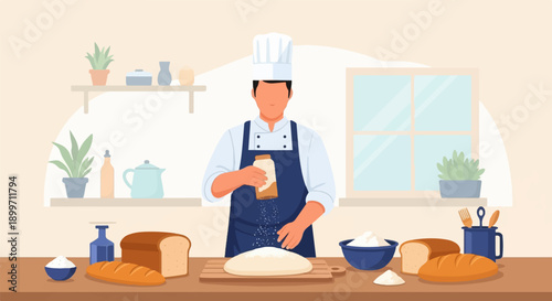 Baker sprinkles flour on dough with bread and ingredients on counter