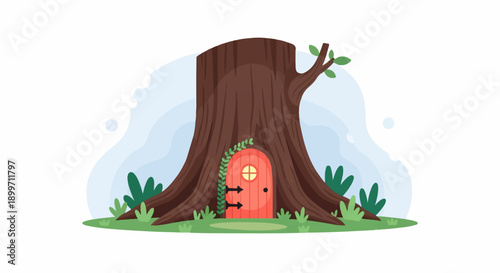 A whimsical tree trunk with a cozy dwelling and lush greenery
