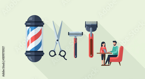 Barber pole, scissors, razor, trimmer, and people at table
