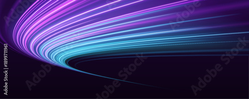 Flowing neon cyan-pink streaks twist along the highway with luminous curves, conveying fast motion and acceleration. Bright glow and motion blur emphasize dynamic energy and futuristic design vector