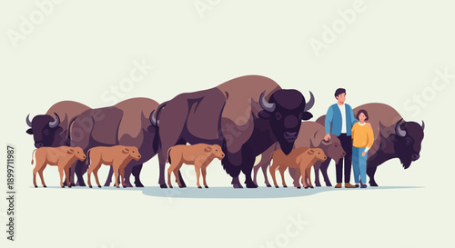 A family encounters a herd of bison, including calves and adults