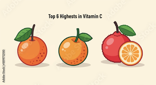 Cartoon citrus fruits and a slice illustrating high vitamin C content