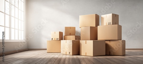 Carton box package at room with window. Generative AI technology.	
