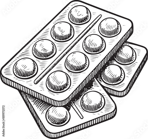 Pills in Blister, Medication or Lozengens for Cough Hand-drawn Sketch Drawing Vector Illustration, Line Linear Symbol Engraving for Coloring Book, Black and White, Isolated