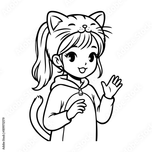 Dibujo sencillo con líneas de una niña disfrazada con orejas y cola de gato para la fiesta de carnaval	