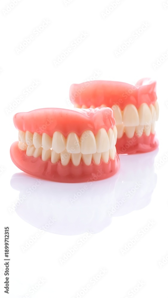 Obraz premium Dentures A pair of false teeth, upper and lower set, with pink gums and white teeth, on a white surface