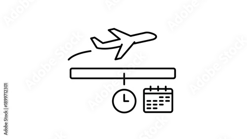 Airplane flying over timeline with clock and calendar icons
