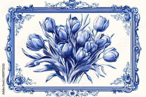 Elegant Blue and White Floral Illustration
