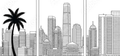 Black and White City Skyline Sketch with Skyscrapers and Palm Tree Silhouette Minimalist Urban Landscape Vector Illustration Isolated on White Background for Architectural Design