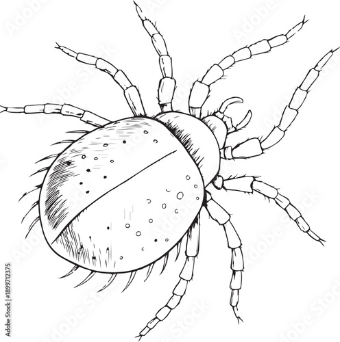 Predatory mite Hand-drawn Sketch Drawing Vector Illustration, Line Linear Symbol Engraving for Coloring Book, Black and White, Isolated