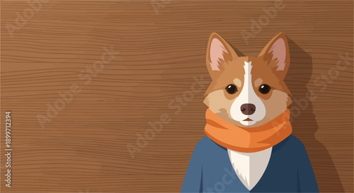 Cartoon corgi dog with orange scarf and blue jacket on wood background